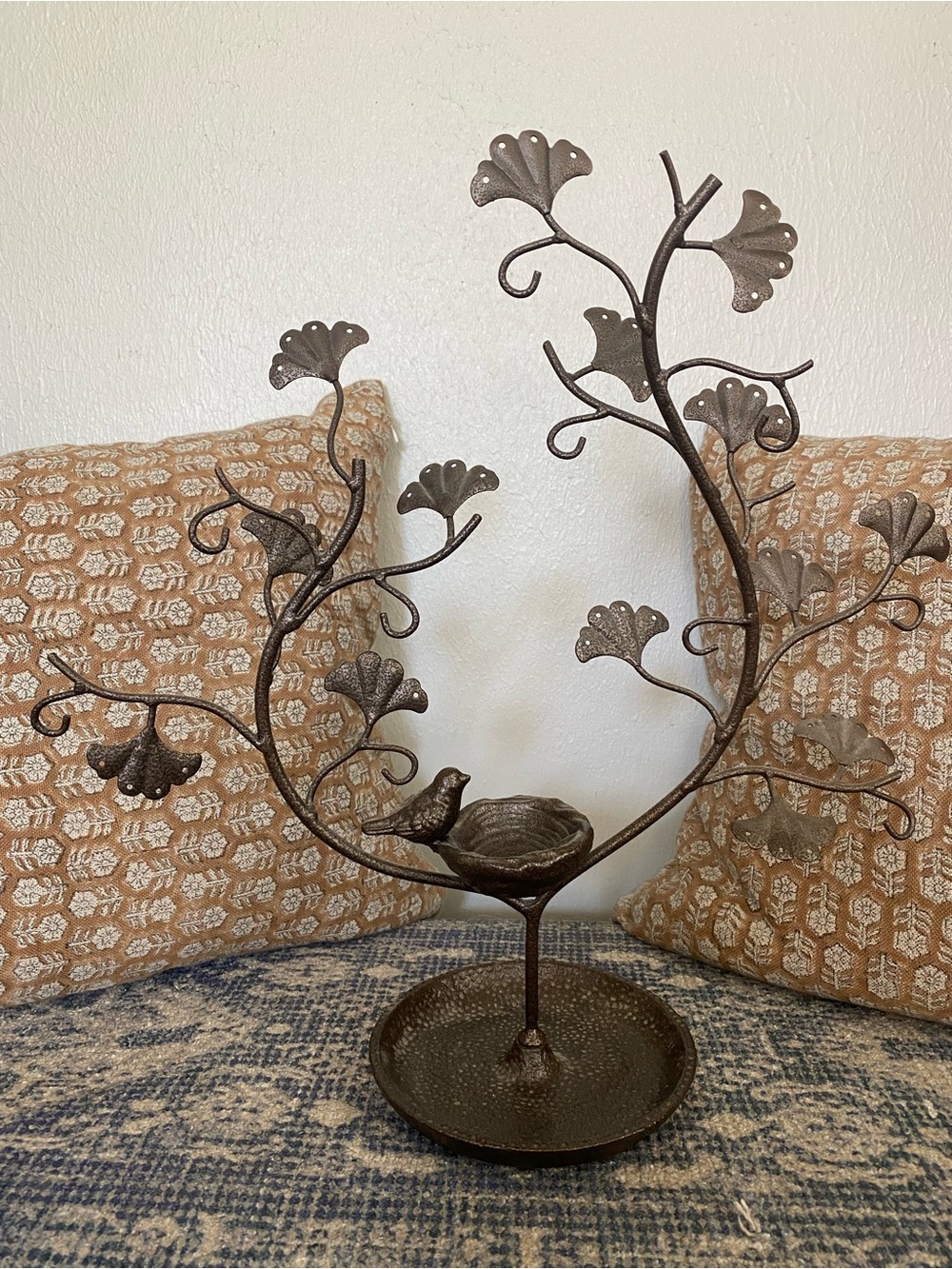 Bronze Cast Iron Ginkgo Leaf Jewelry Tree  Organizer with Bird Nest Trinket Dish - Picture 2 of 7